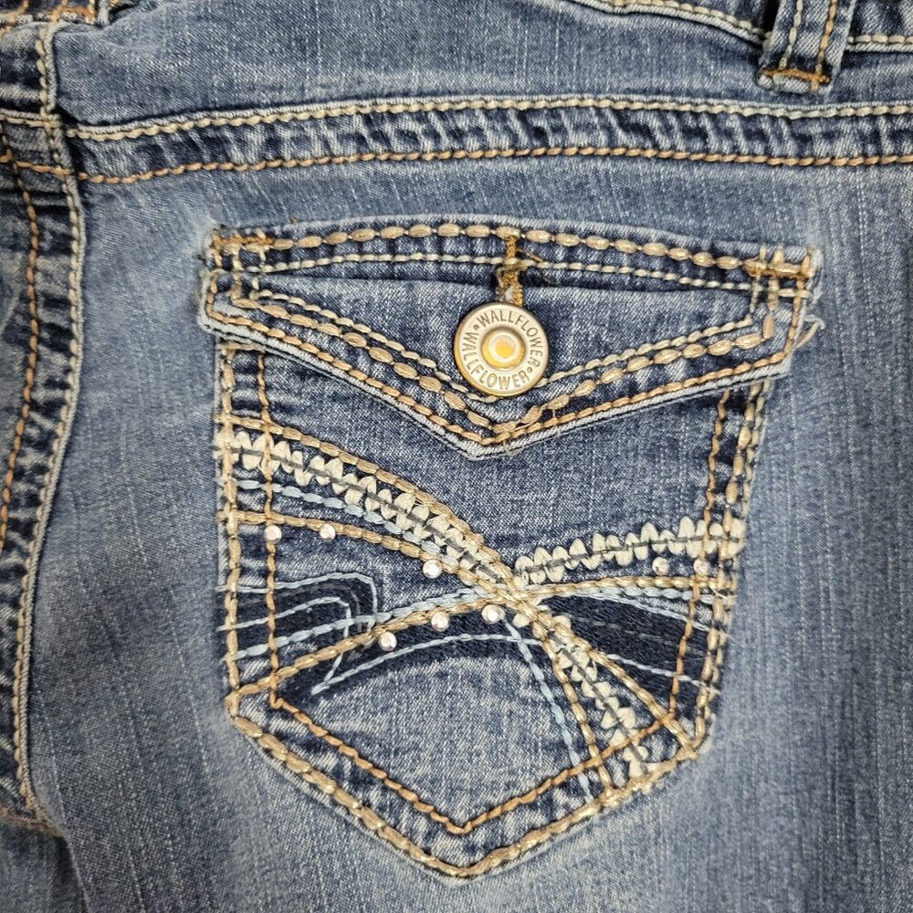 Wallflower Jeans Denim Junior 5 bling BOHO Y2K rhinestone embroidered distressed - Picture 5 of 10